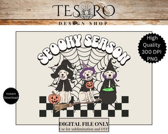 Spooky Season Witch Dogs in Costume PNG | Digital Instant Download | Cute Fall Shirts Labrador Trick or Treat Bag | Sublimination DTF File