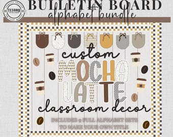 Kit personalizado para tablón de anuncios con diseño de café con leche / Decoración otoñal para el aula / Letras del alfabeto imprimibles e imágenes prediseñadas de café / Conjunto de imágenes PNG neutras para tablón de anuncios del profesor
