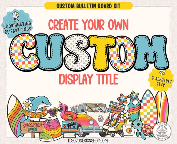 Retro Summer Custom Bulletin Board Kit |Beach Ocean Classroom Decor |Create Summer Display |Printable Teacher Decor |Doodle Letters PNG