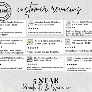 May include: A customer reviews graphic with the text "customer reviews" in a handwritten font. The graphic displays several product reviews with star ratings and comments. The bottom of the graphic reads "5 STAR Products & Service".