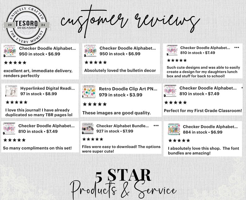 May include: A customer reviews graphic with the text "customer reviews" in a handwritten font. The graphic displays several product reviews with star ratings and comments. The bottom of the graphic reads "5 STAR Products & Service".