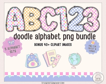 Doodle Alphabet PNG Bundle for Cricut |Checker Pattern Letters A-Z |Classroom Bulletin Board Decor Pastel School Display Clipart Teacher PNG