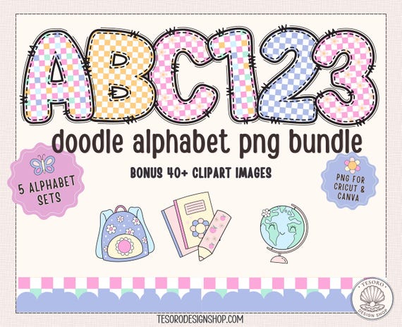 Doodle Alphabet PNG Bundle for Cricut |Checker Pattern Letters A-Z |Classroom Bulletin Board Decor Pastel School Display Clipart Teacher PNG