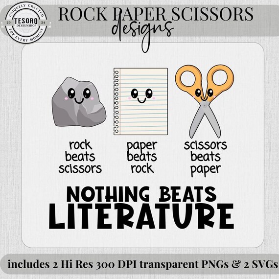 Nothing Beats Literature SVG PNG | Rock Paper Scissors Teacher Design | Kawaii Classroom Cricut File for English Class & Book Lovers