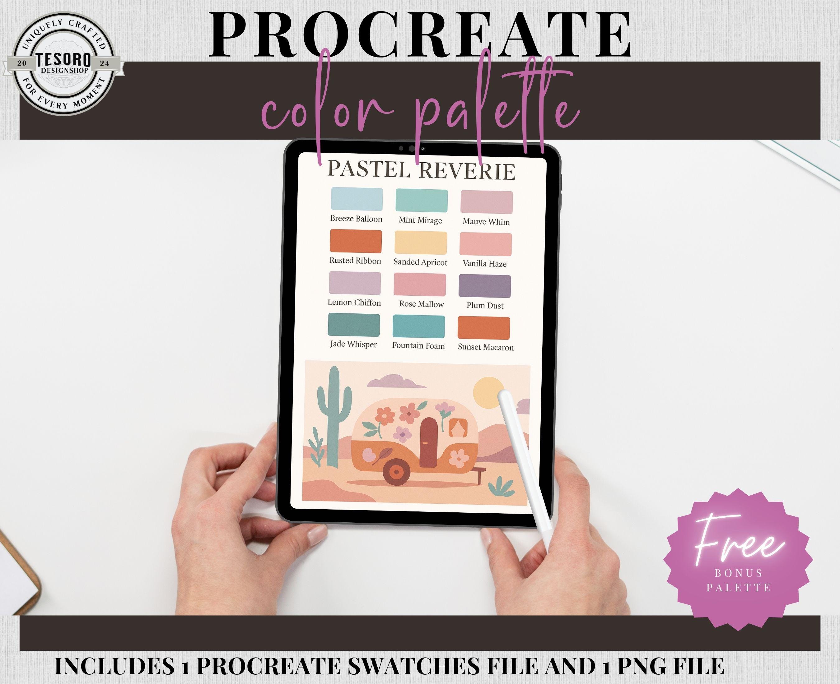 Pastel Reverie Paleta de colores para Procreate .Swatches + Carta PNG | Colores pastel suaves, soñadores y retro para arte digital, stickers y planners