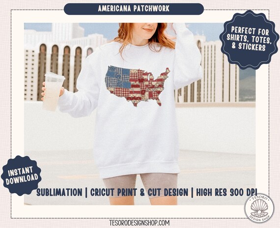 USA Map Patchwork PNG |Patriotic Sublimation Design |Americana Faux Quilt Applique USA Graphic |4 July Independence Vintage Cricut Print Cut