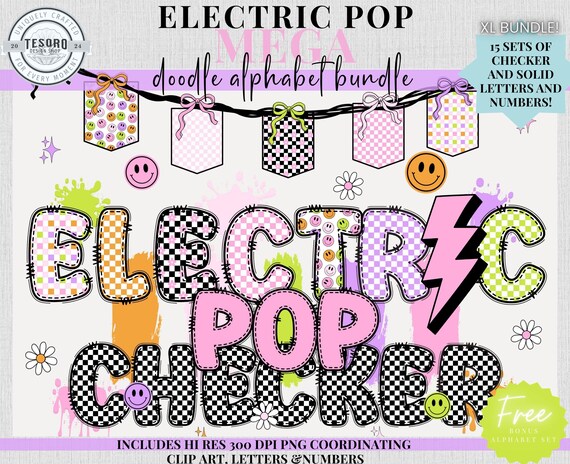 Checker Doodle Alphabet Clipart PNG |Funky Smiley Bolt Sparkle Banner Daisy Bow |Retro Font Back to School Letters for Teacher| Cricut Cut
