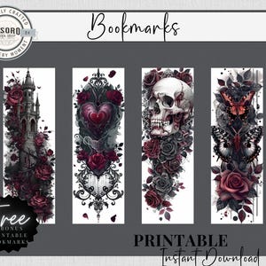 May include: Set of four printable bookmarks featuring gothic-inspired designs. The bookmarks feature a castle, a heart, a skull, and butterflies with floral accents in shades of red and black.