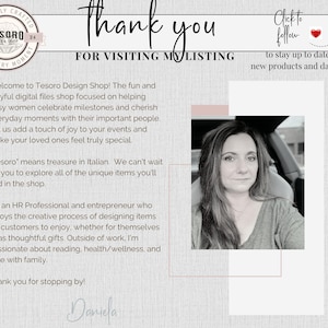 Puede incluir: Gr&aacute;fico con el texto "Gracias por visitar mi anuncio" y "Haz clic para seguir" con un icono de coraz&oacute;n. La imagen tambi&eacute;n incluye una foto de una mujer y texto sobre la tienda Tesoro Design.