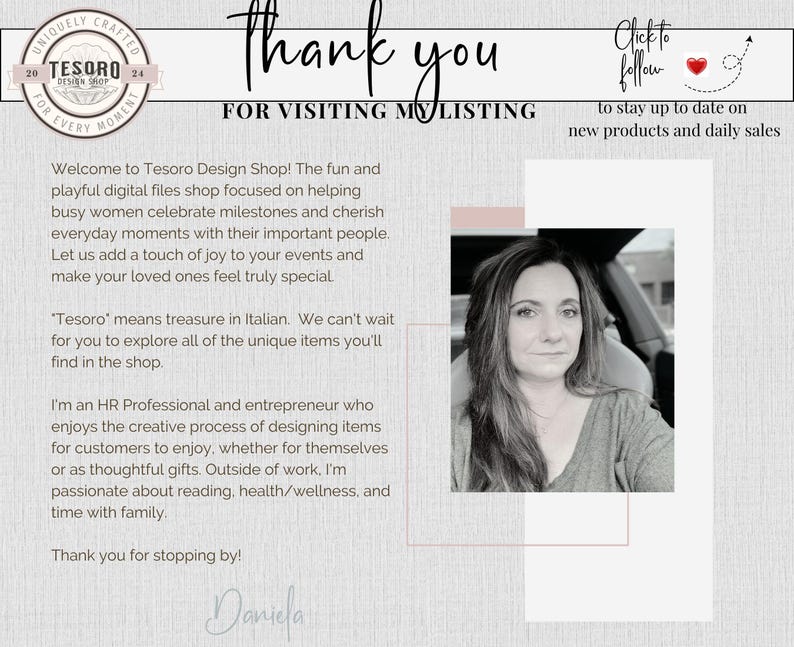 Puede incluir: Gr&aacute;fico con el texto "Gracias por visitar mi anuncio" y "Haz clic para seguir" con un icono de coraz&oacute;n. La imagen tambi&eacute;n incluye una foto de una mujer y texto sobre la tienda Tesoro Design.
