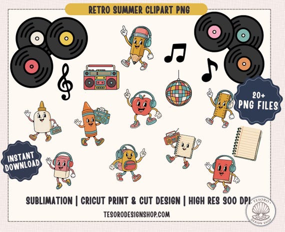 Retro Summer Clipart PNG Bundle| School Supply Retro Mascot PNG |Cricut Print and Cut Files| Music Sublimation Design Set|  Planner Sticker