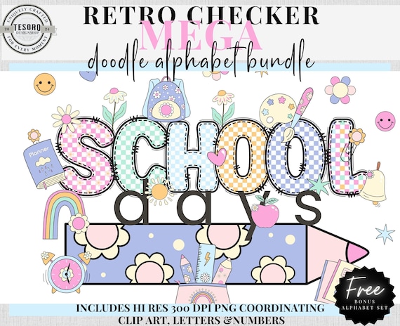 Checker Doodle Alphabet Classroom Decor |Pastel School Days Retro Clipart |Sublimination  PNG| Teacher PNG School Bulletin Board Trendy Font