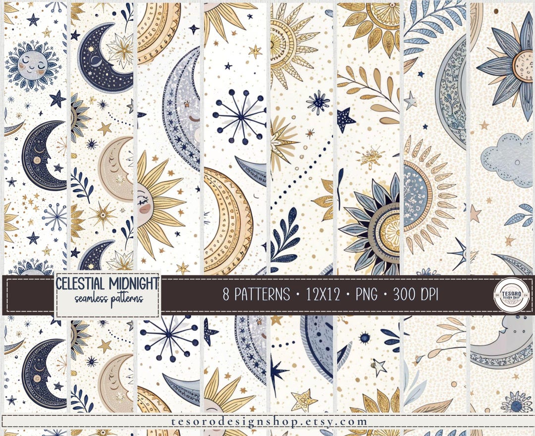 Celestial Seamless Pattern Set |navy Gold Moon Sun Star Digital Paper ...