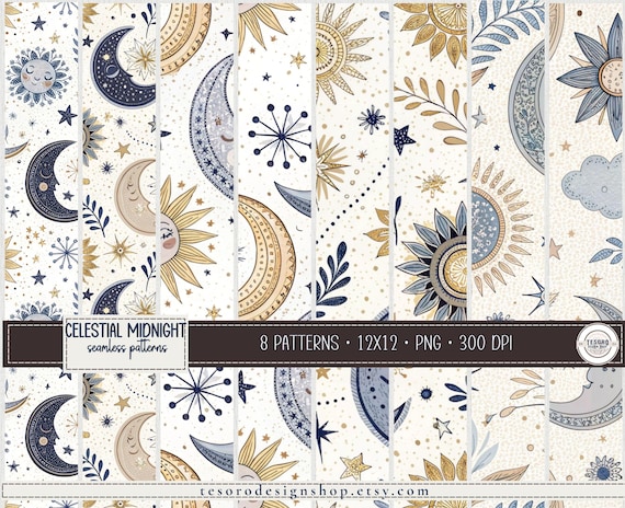 Celestial Seamless Pattern Set |Navy Gold Moon Sun Star Digital Paper |Boho Scrapbook Pattern |Fabric & Sublimation PNG| Gift Wrapping Paper