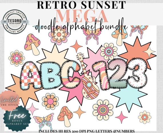 Retro Boho Checker Doodle Alphabet PNG |Groovy 70s Retro  Clipart |Sublimination Digital File |Teacher PNG Classroom Decor Alpha Font