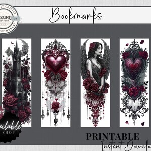 May include: Four printable bookmarks with gothic designs. The bookmarks feature a black and white castle, a heart with wings, an angel with wings, and a heart with a crown. All designs include red roses and intricate details.