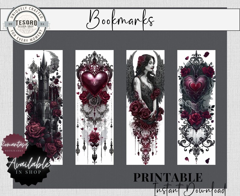 May include: Four printable bookmarks with gothic designs. The bookmarks feature a black and white castle, a heart with wings, an angel with wings, and a heart with a crown. All designs include red roses and intricate details.