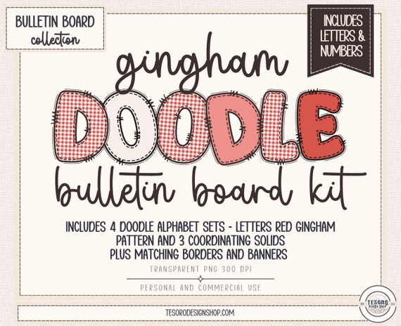 Gingham Doodle Alphabet PNG |Bulletin Board Letters Mini Pack |Red Gingham Alphabet for Classroom Library Display |Pattern Letter Set A-Z