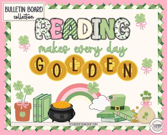 St Patrick Day Reading Bulletin Board Printable | March Classroom Decor |Teacher School Door Kit |Doodle Alphabet Library Display Clipart