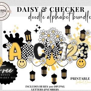 May include: A digital art print featuring a "Daisy & Checker" doodle alphabet bundle. The design includes the letters A, B, C, and the numbers 1, 2, 3, with daisy and checkerboard patterns, and the text "Printable" and "Instant Download".