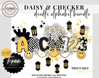 Checker Daisy Doodle Alphabet Bundle | Cute Font Checker Daisy Letter Trendy Retro Clipart Sublimination Teacher PNG School Bulletin Board