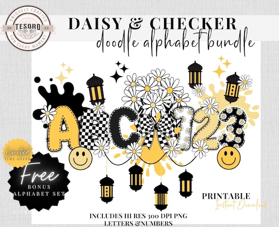 Checker Daisy Doodle Alphabet Bundle | Cute Font Checker Daisy Letter Trendy Retro Clipart Sublimination Teacher PNG School Bulletin Board