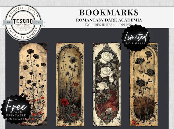 Vintage floral bookmark Printable | Custom bookmarks  | Aesthetic bookmark | Black Rose  Bookmark | Dark Romance printable bookmarks