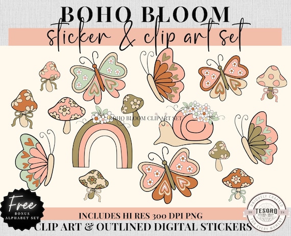 Boho Doodle Clip Art PNG |Retro Butterfly Flower Clipart | Digital Planner Stickers |Sublimination Digital File |Teacher PNG Classroom Decor
