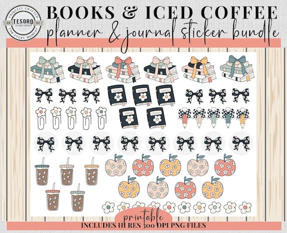 Librarian Planner Stickers | Books & Coffee Journal Bundle |Cute Book Lover Digital Stickers |Printable Library Scrapbook PNG Cricut Reading