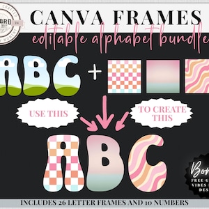Letras editables con marco de Canva, letras de contorno A-Z, alfabeto retro dibujado a mano personalizable, fuente digital moderna para tablón de anuncios escolar