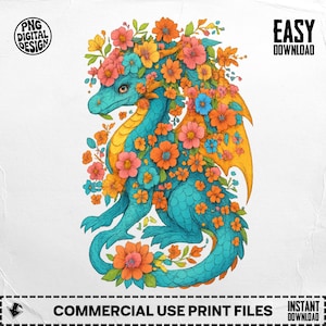 Floral Dragon Png, Dragon Clipart, Flower Dragon, Cute Dragon Png, Sublimation Png, Digital Download, Dragon Art, Fantasy Png