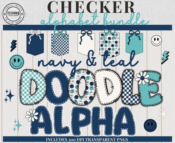 Navy & Teal Checker Alphabet Bundle |Smiley PNG Letters | Cricut |Doodle Font Clip Art |Classroom Decor Printable Classroom Decor| Bulletin