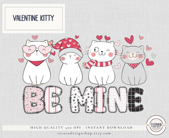 Valentines Be Mine Cat PNG |Pink Hearts Cat Sublimation & DTF Design for Shirts, Tote Bags Mugs |Instant Download| February Love Kitty
