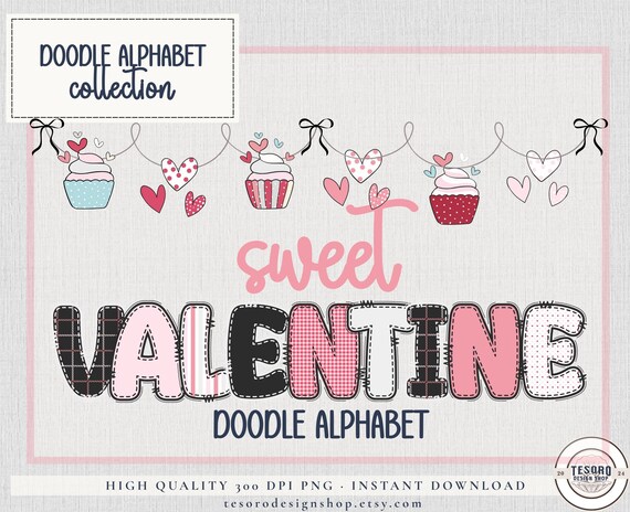 Doodle Alphabet Bundle PNG |February Sweet Valentine Bulletin Board Kit Letters A-Z |Pink Heart Bows Sublimination Craft |Classroom Decor