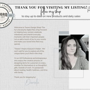 May include: A woman smiles in a black and white photo. The text reads "Thank you for visiting my listing! Click follow my shop to stay up to date on new products and daily sales."  The text also reads "Welcome to Tesoro Design Shop! The fun and playful digital files shop focused on helping busy women celebrate milestones and cherish everyday moments with their important people. Let us add a touch of joy to your events and make your loved ones feel truly special."  The text also reads "'Tesoro' means treasure in Italian. We can't wait for you to explore all of the unique items you'll find in the shop. I'm an HR Professional and entrepreneur who enjoys the creative process of designing items for customers to enjoy, whether for themselves or as thoughtful gifts. Outside of work, I'm passionate about reading, health/wellness, and time with family. Thank you for stopping by! Daniela"