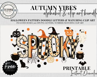 Spooky Vibes Alphabet Doodle Bundle | Retro Checker & Polka Dot Halloween Letters PNG | Teacher Clipart, Classroom Decor  Printable Set