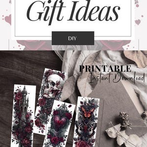 May include: Four printable bookmark designs featuring gothic and dark romantic themes. The designs include a skull, a heart, a castle, and butterflies. The bookmarks are labeled "Printable Instant Download" and "TesoroDesignshop.etsy.com".