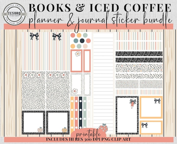 Books & Iced Coffee Planner Stickers |Journal Sticker Bundle |Printable PNG Stickers for Cricut Silhouette |Cozy Coffee Reading Journal Gift