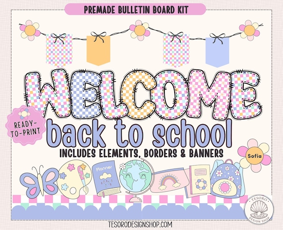 Back to School Bulletin Board Printable | August Welcome Back Checker Alpha Classroom Decor Kit |Pastel Pattern Doodle Letters |Teacher PNG