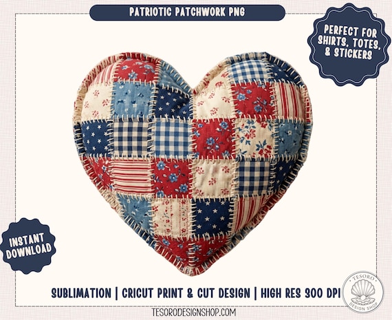Americana Patchwork Heart PNG |Patriotic Quilt Heart Sublimation Design |Vintage American Independence PNG |Fourth of July Cricut Print Cut
