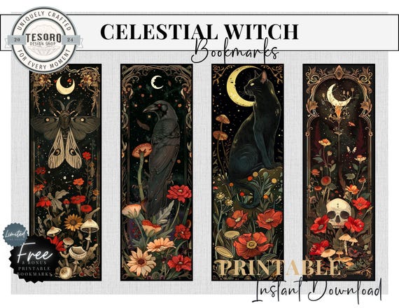 Celestial Witchy bookmark Printable | Custom bookmarks  | Aesthetic bookmark | Moth Moon Stars Bookmark | Dark Romance printable bookmarks