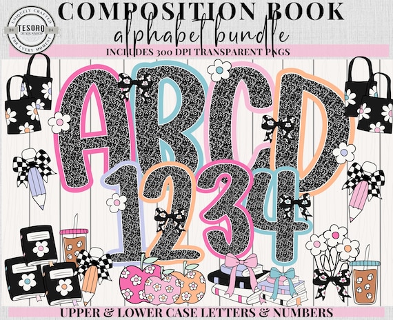 Composition Book Alphabet PNG Bundle |Teacher Classroom Decor Letters Numbers Clipart | Cricut, Sublimation, POD School Clip Art class decor