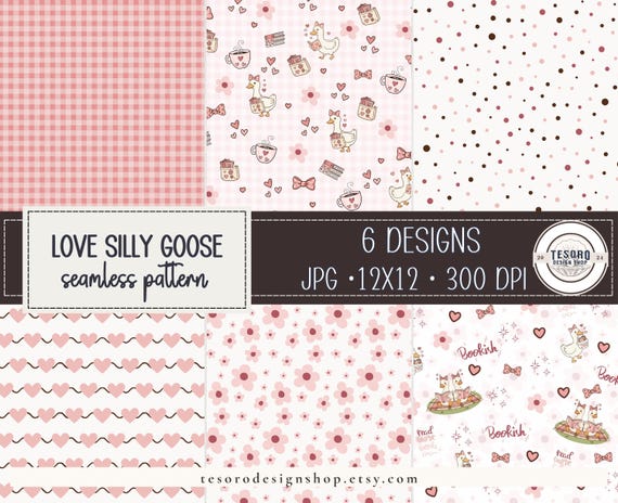 Valentine Silly Goose Seamless Patterns Bundle| Reading Cute Animals PNG JPEG |Scrapbook Digital Paper | Pink Gingham Love Heart Sticker