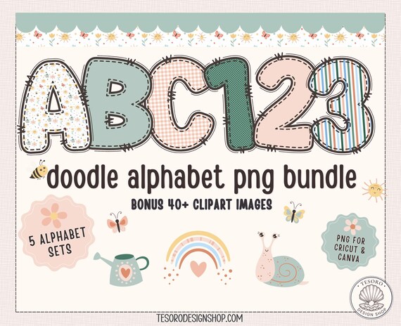 Doodle Alphabet PNG Bundle |Floral Classroom Letters |Flowers Pattern Letters Clipart for Cricut Sublimation Craft |Printable Display Decor
