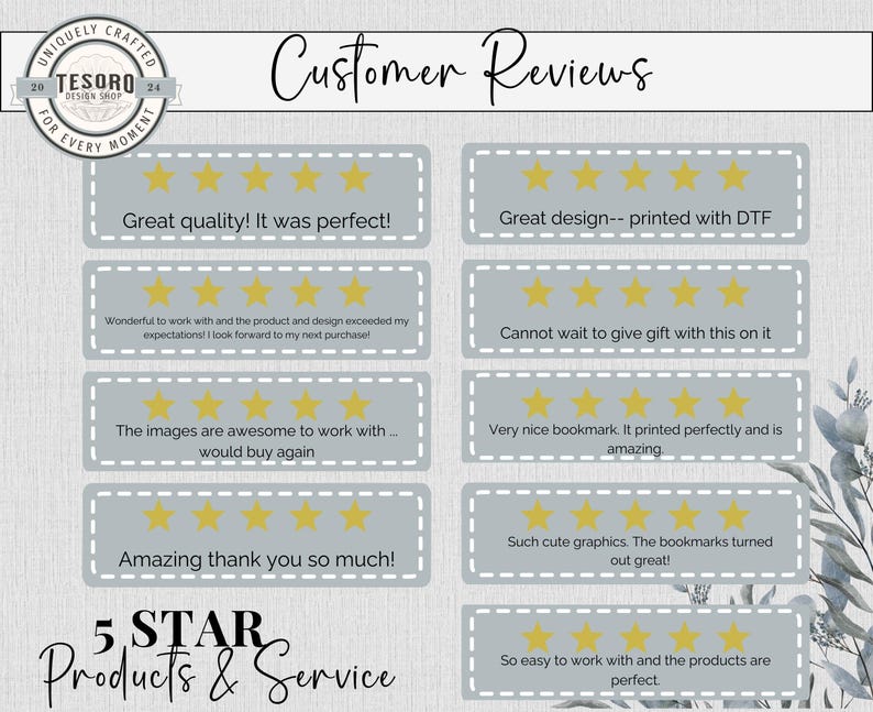 May include: A collage of customer reviews with five-star ratings for a product or service. The reviews highlight the quality, design, and ease of use of the product. The text includes phrases like "Great quality! It was perfect!" and "So easy to work with and the products are perfect."