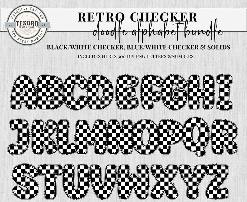 Checker Alphabet Bundle Doodle PNG | Blue Checker Retro Letters School ...