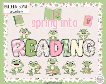 Spring Into Reading Bulletin Board |Classroom Reading Display |Frogs Library Decor Printable Board for Teachers |Doodle Alphabet Letters PNG