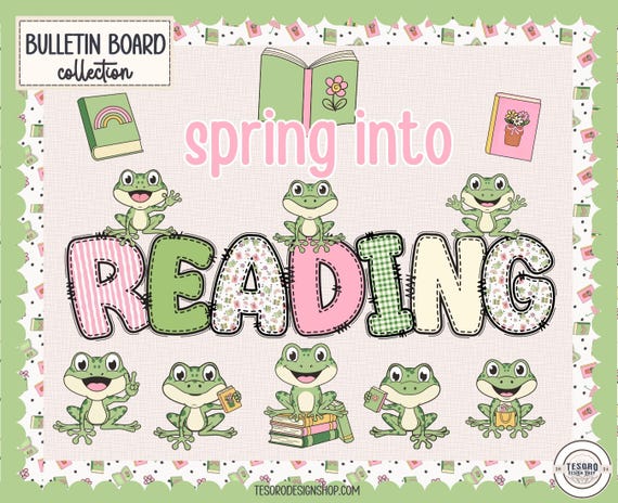 Spring Into Reading Bulletin Board |Classroom Reading Display |Frogs Library Decor Printable Board for Teachers |Doodle Alphabet Letters PNG