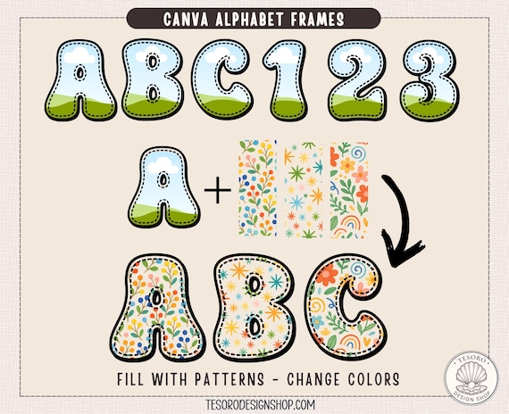Canva Alphabet Frames Template |Editable Doodle Letters A–Z |Reusable Pattern Fill Alphabet |Custom Bulletin Board Letters