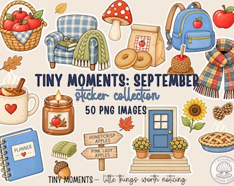 September Digital Stickers, Cozy Fall Planner Stickers, Apple Back to School Print Then Cut PNG Set